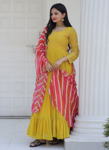 Yellow color Embroidered Chiffon Floor Length Gown