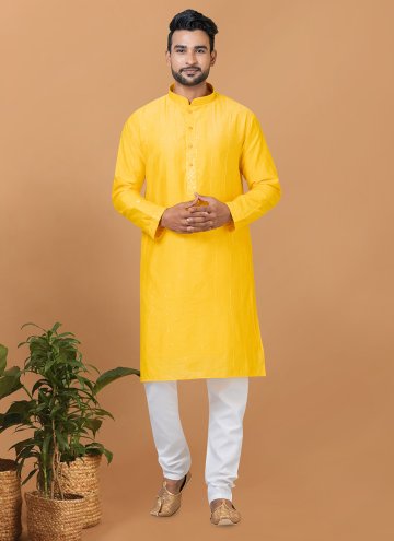 Yellow color Embroidered Cotton  Kurta Pyjama