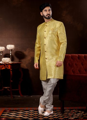 Yellow color Embroidered Fancy Fabric Sherwani