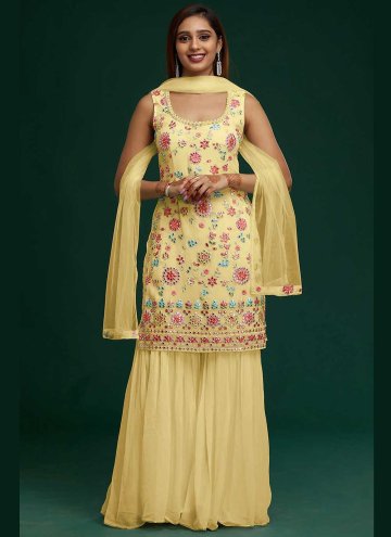Yellow color Embroidered Faux Georgette Trendy Sal