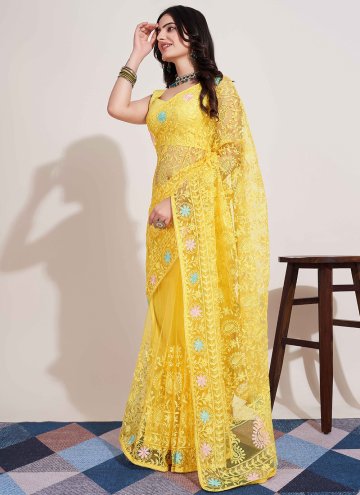 Yellow color Embroidered Net Designer Saree