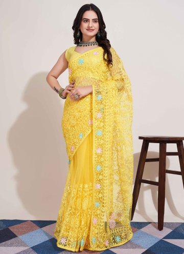 Yellow color Embroidered Net Designer Saree