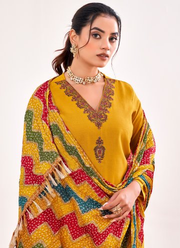 Yellow color Embroidered Rayon Designer Salwar Kameez