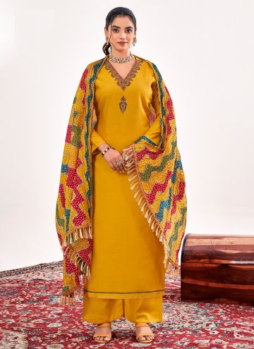 Yellow color Embroidered Rayon Designer Salwar Kam