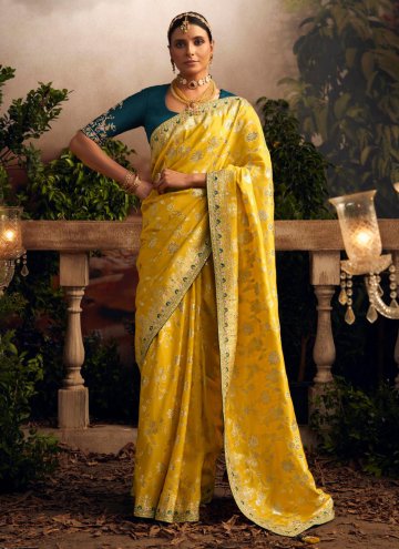 Yellow color Embroidered Silk Designer Saree