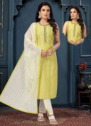 Yellow color Embroidered Silk Salwar Suit