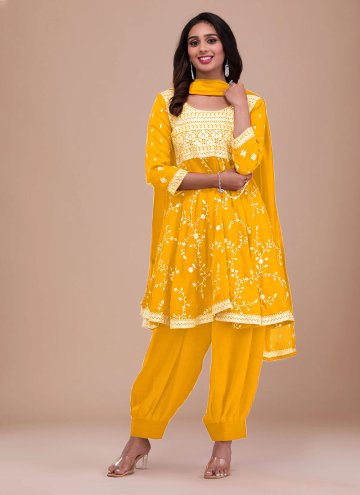 Yellow color Embroidered Vichitra Silk Trendy Salwar Suit