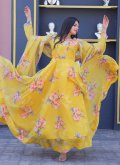 Yellow color Floral Print Silk Gown - 1
