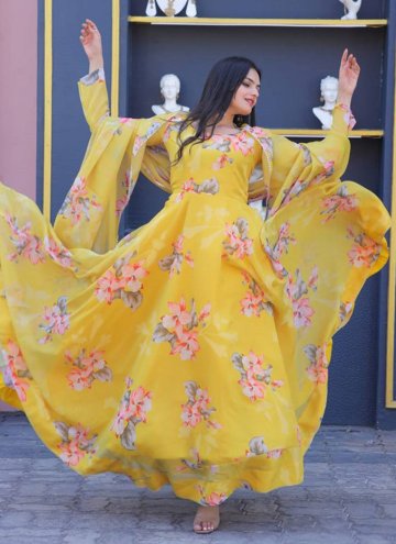Yellow color Floral Print Silk Gown