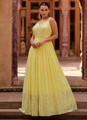 Yellow color Georgette Readymade Designer Gown with Embroidered