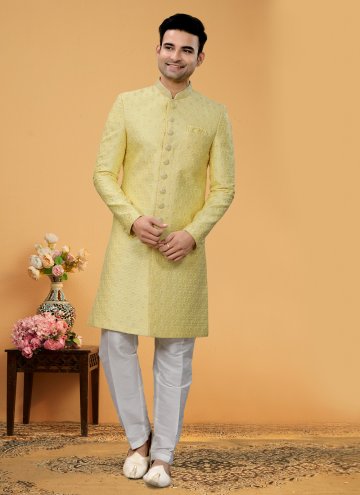 Yellow color Hand Work Fancy Fabric Indo Western Sherwani