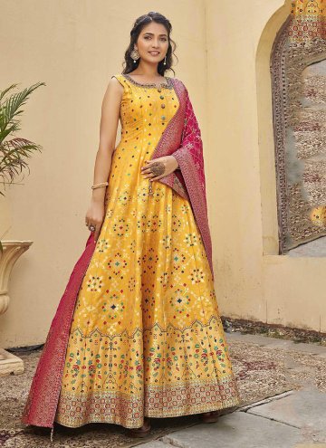 Yellow color Jacquard Floor Length Gown with Hand 