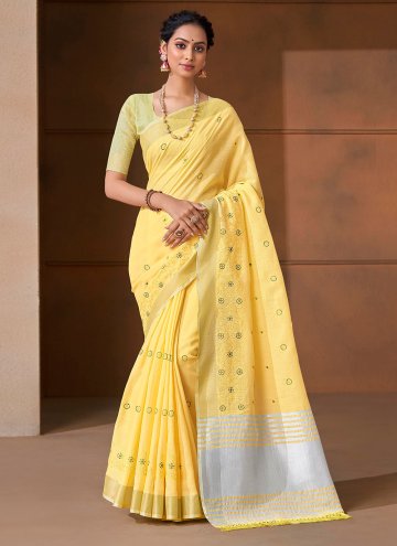 Yellow color Linen Classic Designer Saree with Embroidered