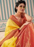 Yellow color Linen Traditional Saree with Fancy work - 1