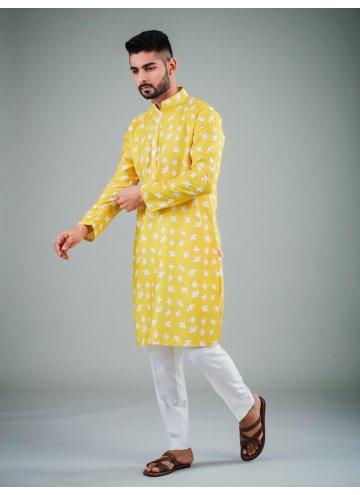 Yellow color Plain Work Cotton Satin Kurta Pyjama