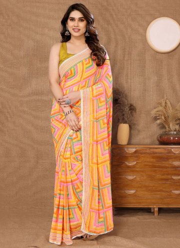 Yellow color Printed Georgette Casual Saree