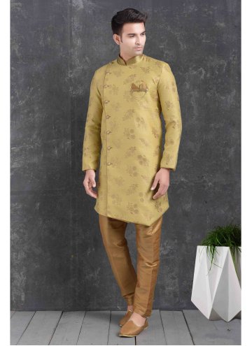 Yellow color Printed Jacquard Silk Indo Western