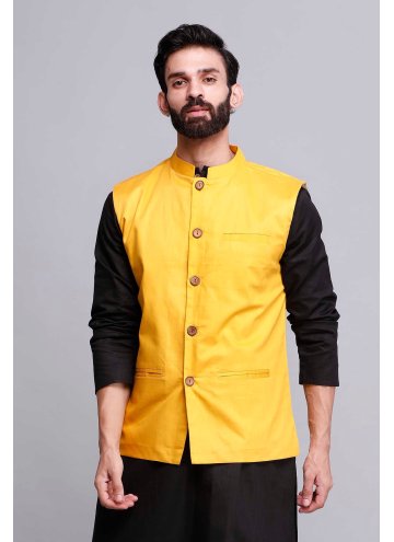 Yellow color Satin Nehru Jackets with Plain Work