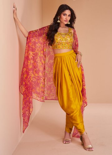 Yellow color Satin Silk Salwar Suit with Embroider