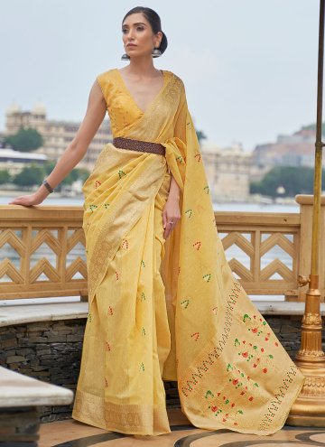 Yellow color Woven Linen Classic Designer Saree