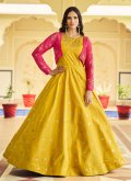 Yellow Cotton  Embroidered Gown for Engagement - 1