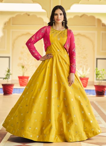 Yellow Cotton  Embroidered Gown for Engagement