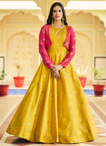 Yellow Cotton  Embroidered Gown for Engagement