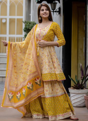 Yellow Cotton  Embroidered Salwar Suit