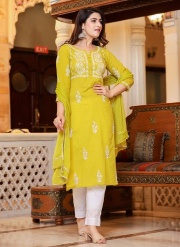 Yellow Cotton  Lucknowi Work Pant Style Suit