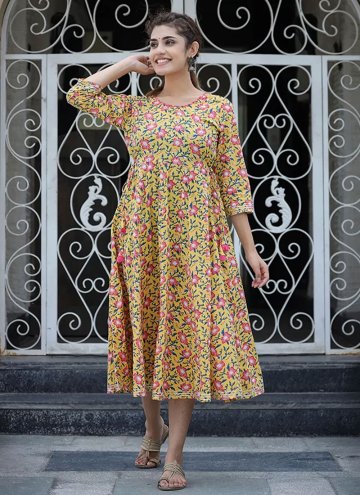 Yellow Cotton  Printed Casual Kurti for Ceremonial