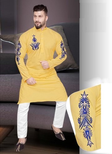 Yellow Cotton  Resham Work Kurta Pyjama for Engagement
