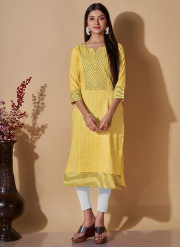 Yellow Cotton  Sequins Work Party Wear Kurti for C