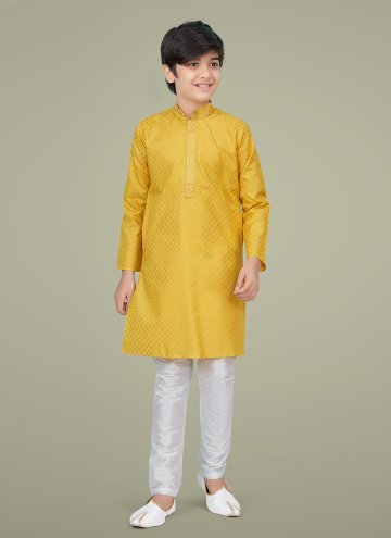 Yellow Cotton Silk Printed Kurta Pyjama