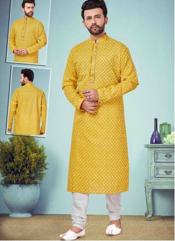 Yellow Cotton Silk Printed Kurta Pyjama for Ceremonial