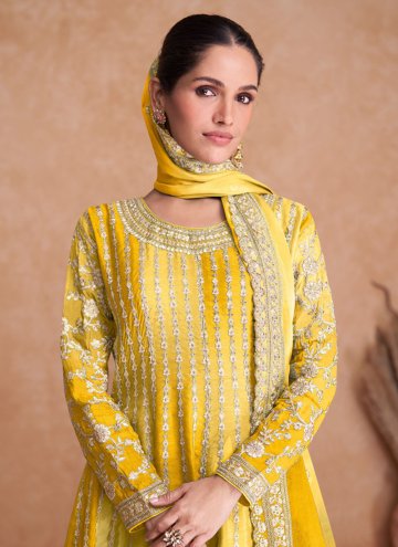 Yellow Designer Salwar Kameez in Chinon with Embroidered