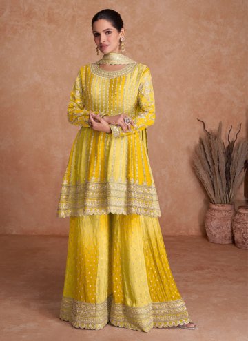 Yellow Designer Salwar Kameez in Chinon with Embroidered
