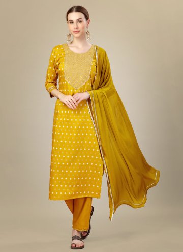 Yellow Designer Salwar Kameez in Silk Blend with Embroidered