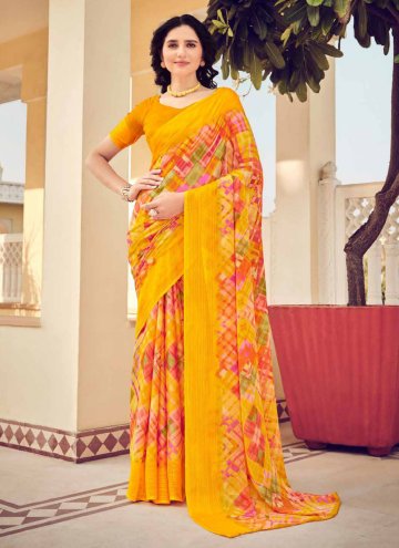 Yellow Designer Saree in Chiffon with Printed