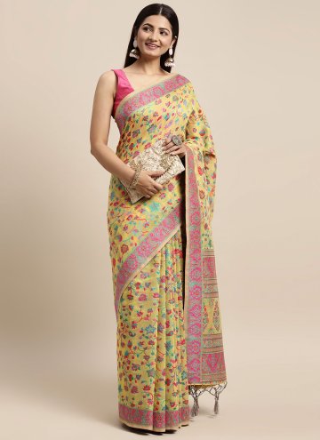 Yellow Designer Saree in Cotton Silk with Woven