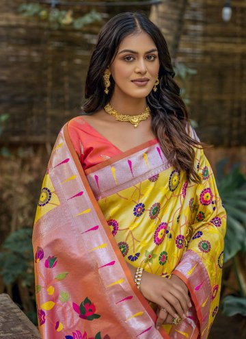 Yellow Designer Saree in Kanjivaram Silk with Meenakari