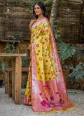 Yellow Designer Saree in Kanjivaram Silk with Meenakari - 2