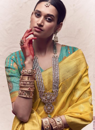 Yellow Designer Saree in Pure Crepe with Woven