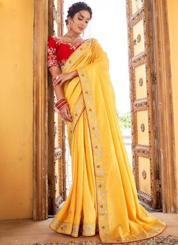 Yellow Designer Saree in Vichitra Silk with Border