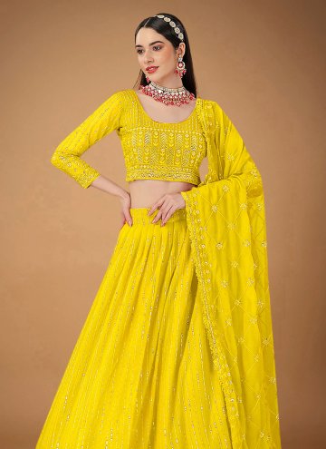 Yellow Faux Georgette Embroidered A Line Lehenga Choli for Ceremonial