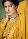 Yellow Faux Georgette Embroidered Designer Straight Salwar Suit for Festival - 1