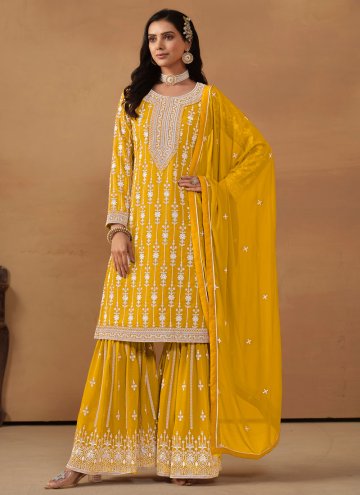 Yellow Faux Georgette Embroidered Trendy Salwar Suit
