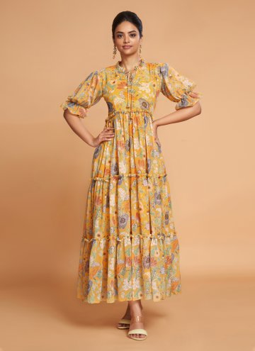 Yellow Faux Georgette Printed Casual Kurti for Casual