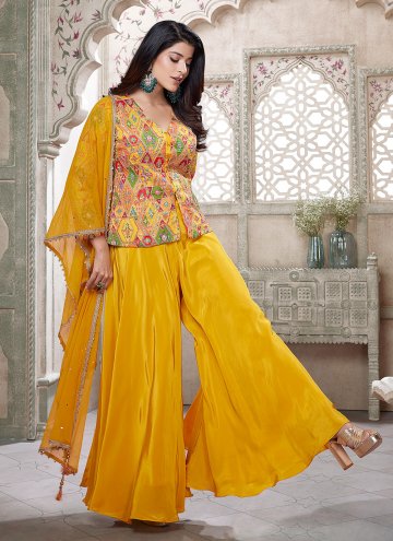 Yellow Floor Length Leyered Salwar Suit in Silk with Printed