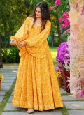 Yellow Georgette Digital Print Readymade Designer Gown for Ceremonial - 1