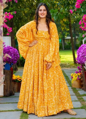 Yellow Georgette Digital Print Readymade Designer Gown for Ceremonial